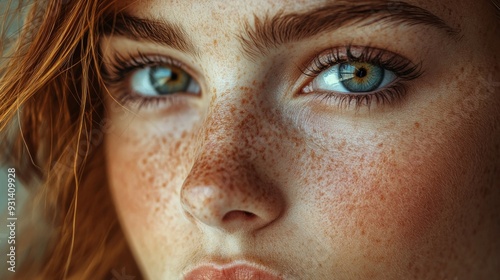 A soft and dreamy portrait of a beautiful woman with freckles. Perfect for beauty, fashion, and lifestyle magazines.