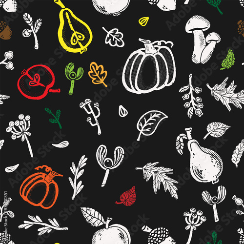 Trendy minimalism modern vegetable pattern Grunge, shabby texture of elements Scandinavian motifs Vector seamless pattern