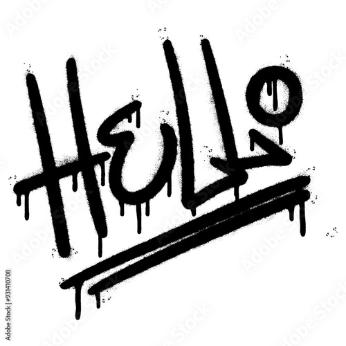 Spray Painted Graffiti Hello Word Sprayed isolated with a white background. graffiti font hello with over spray in black over white.