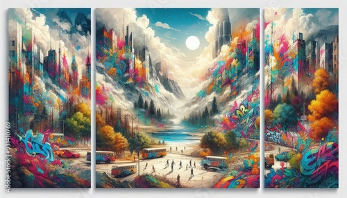 HD triptych art of landscapes with graffiti elements, urban and natural settings combined, vibrant colors, digital painting, white background