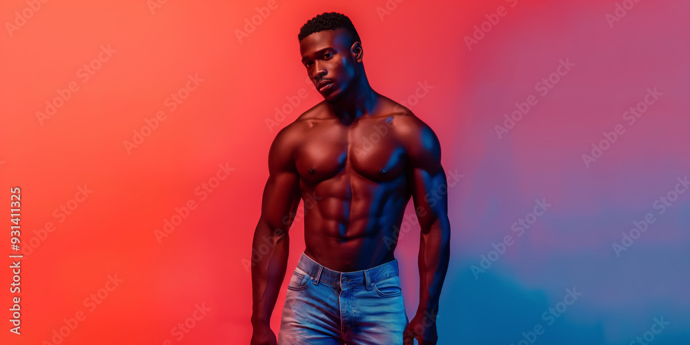 A man with a muscular body is standing in front of a red background. Concept of strength and confidence, as the man's physique is emphasized by the vibrant red backdrop A man with a muscular body is standing in front of a red background. Concept of strength and confidence, as the man's physique is emphasized by the vibrant red backdrop