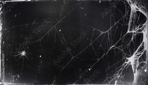 A black and white image of a spiderweb on a textured background.