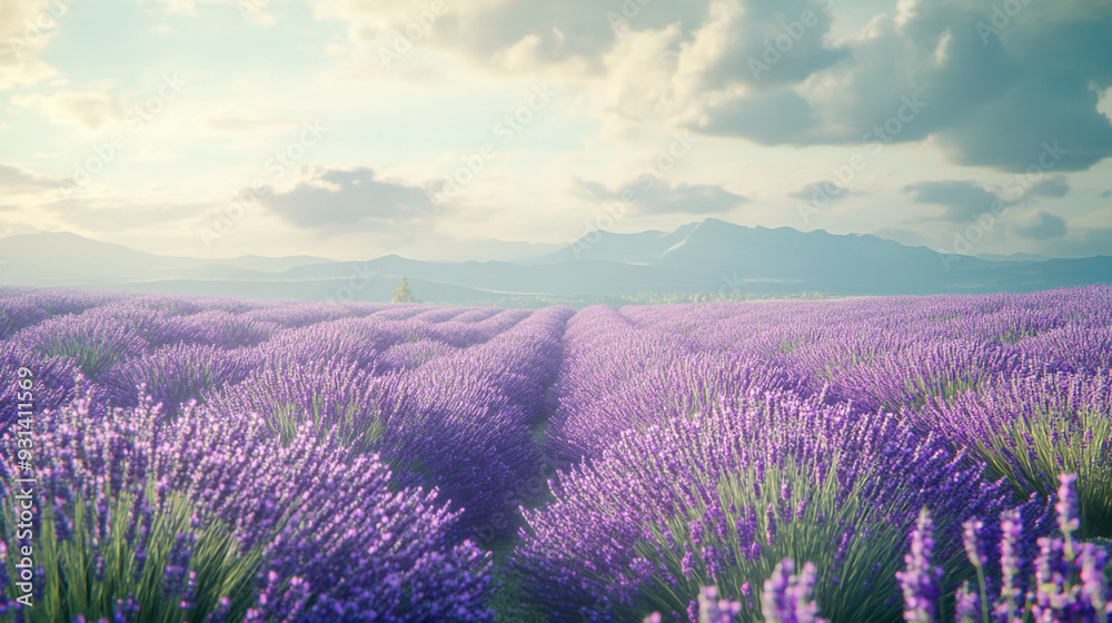 Obraz premium Lavender fields in full bloom under a clear sky with distant mountains in the background during late afternoon