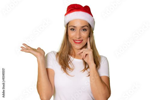 Young woman Santa Claus hat close up face portrait isolated over white background.