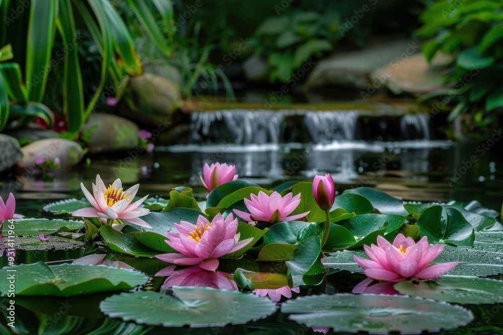 A serene scene of a garden pond surrounded by blooming water lilies and lush greenery.
