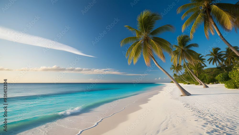 Create an image of a tranquil tropical beach scene with clear turquoise waters, white sandy shores, and lush green palm trees under a bright blue sky with few clouds.