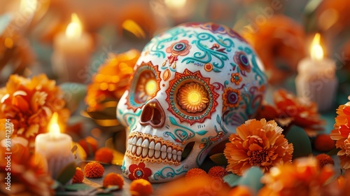 A close-up of a decorated sugar skull with intricate patterns, marigolds, and candles in the background cartoon Vector Illustration photo