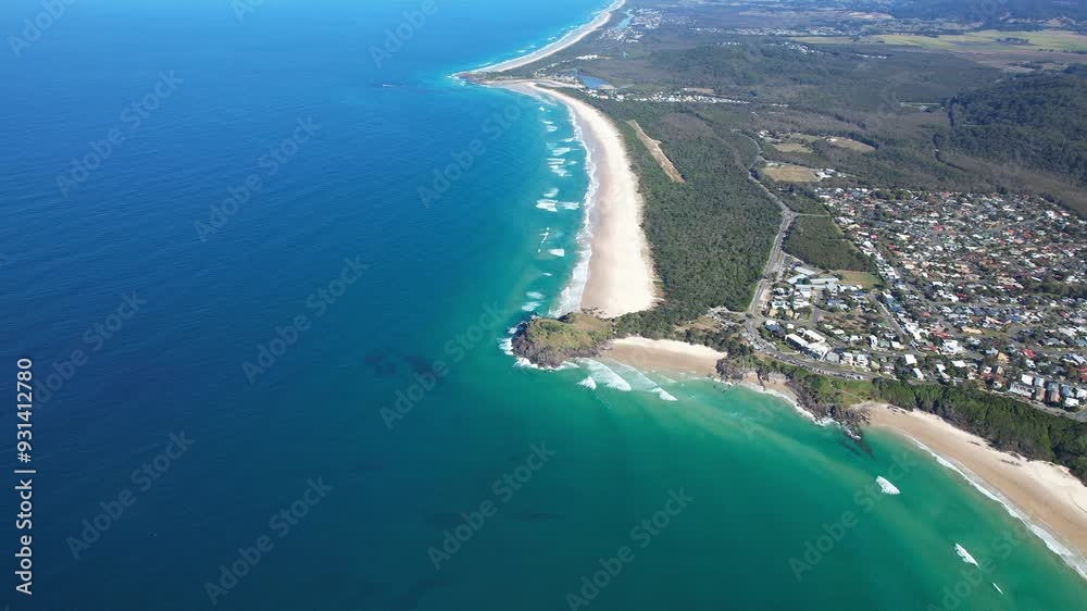 Seafront Town Near Norries Headland Lions Park In Cabarita Beach, New South Wales, Australia. Aerial Shot Seafront Town Near Norries Headland Lions Park In Cabarita Beach, New South Wales, Australia. Aerial Shot