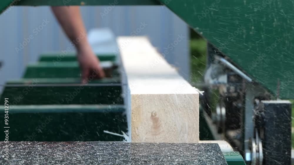 Man Cutting a Wooden Board from a Lumber Bandsaw Man Cutting a Wooden Board from a Lumber Bandsaw