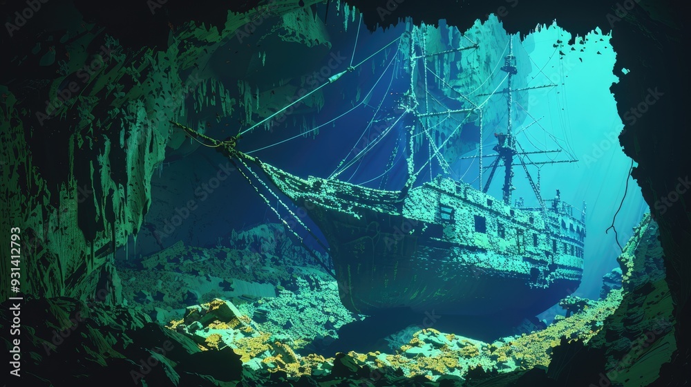An Underwater View of a Shipwreck in a Cave An Underwater View of a Shipwreck in a Cave