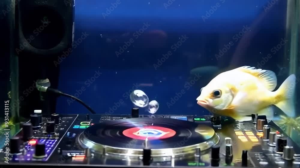 A fish in an aquarium, on a small turntable