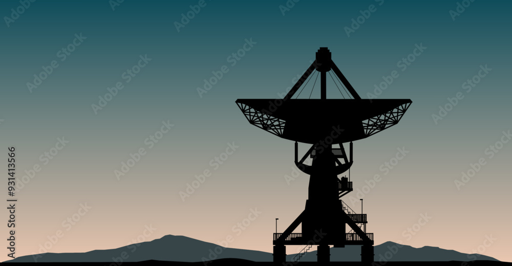 Vektor Silhouette - Radioteleskop mit Parabolspiegel beim Überwachen von Signalen und Radiofrequenzen im Weltall - Wissenschaft und Astronomie