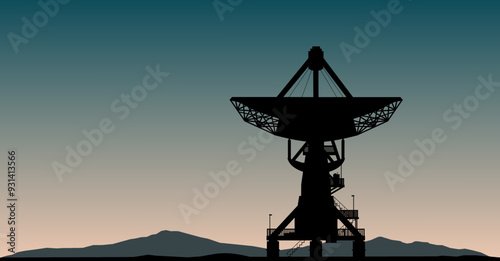 Vektor Silhouette - Radioteleskop mit Parabolspiegel beim Überwachen von Signalen und Radiofrequenzen im Weltall - Wissenschaft und Astronomie