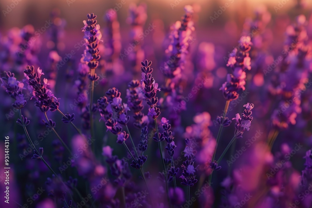 Obraz premium A serene scene of lavender fields at sunset, with the purple flowers glowing in the soft evening light