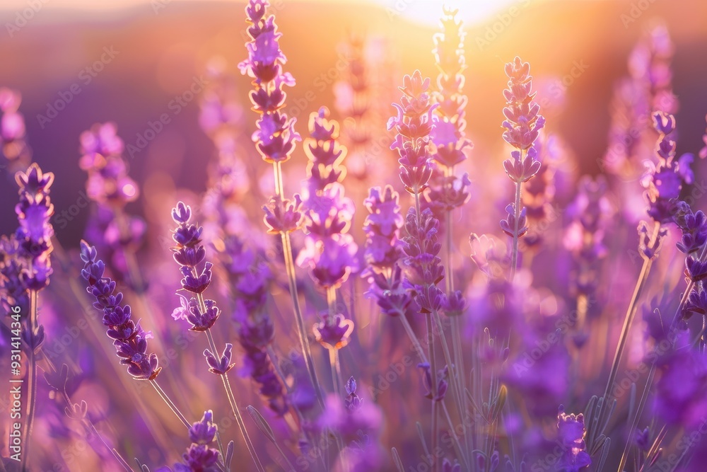 Obraz premium A serene scene of lavender fields at sunset, with the purple flowers glowing in the soft evening light