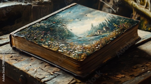 A weathered book with a beautifully illustrated cover rests on a rustic table, inviting exploration of its rich narrative and the worlds within