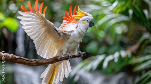 White Cockatoo with Orange and Yellow Crest Perched on a Branch photo