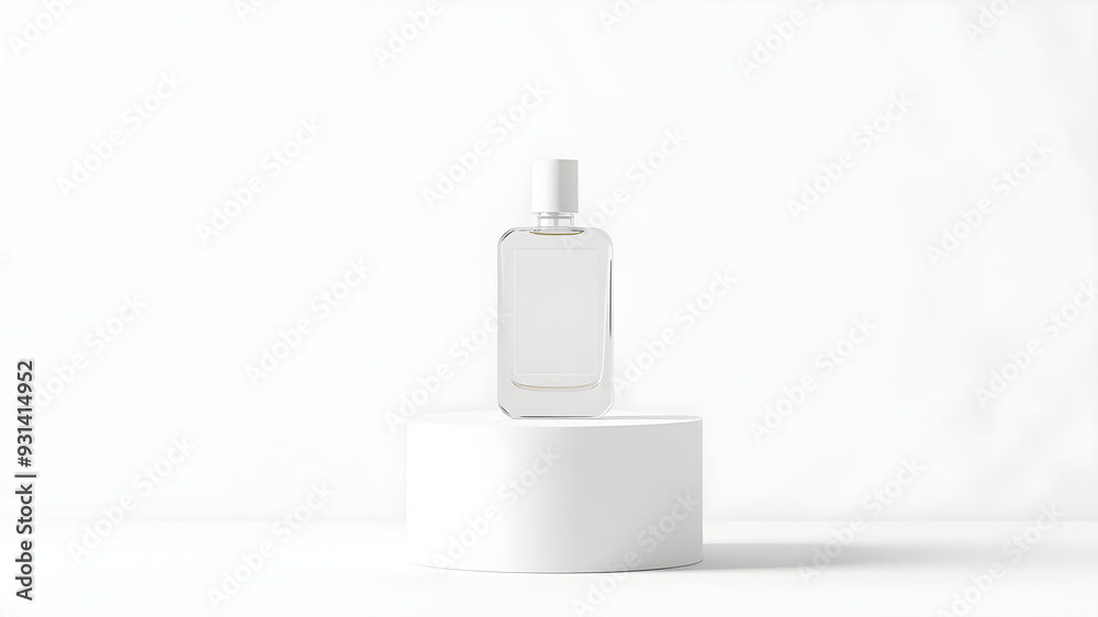 mockup of a plain white perfume bottle neatly placed on a podium on a neutral background mockup of a plain white perfume bottle neatly placed on a podium on a neutral background
