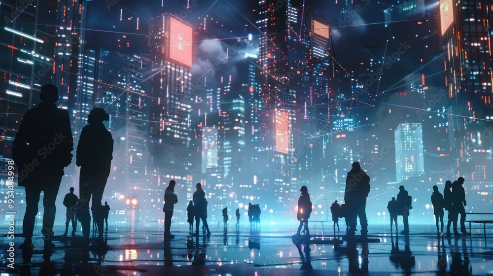 Futuristic Cityscape with Silhouettes of People Futuristic Cityscape with Silhouettes of People