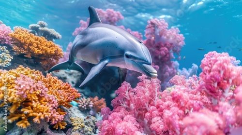 Dolphin Swimming Through Vibrant Coral Reef photo