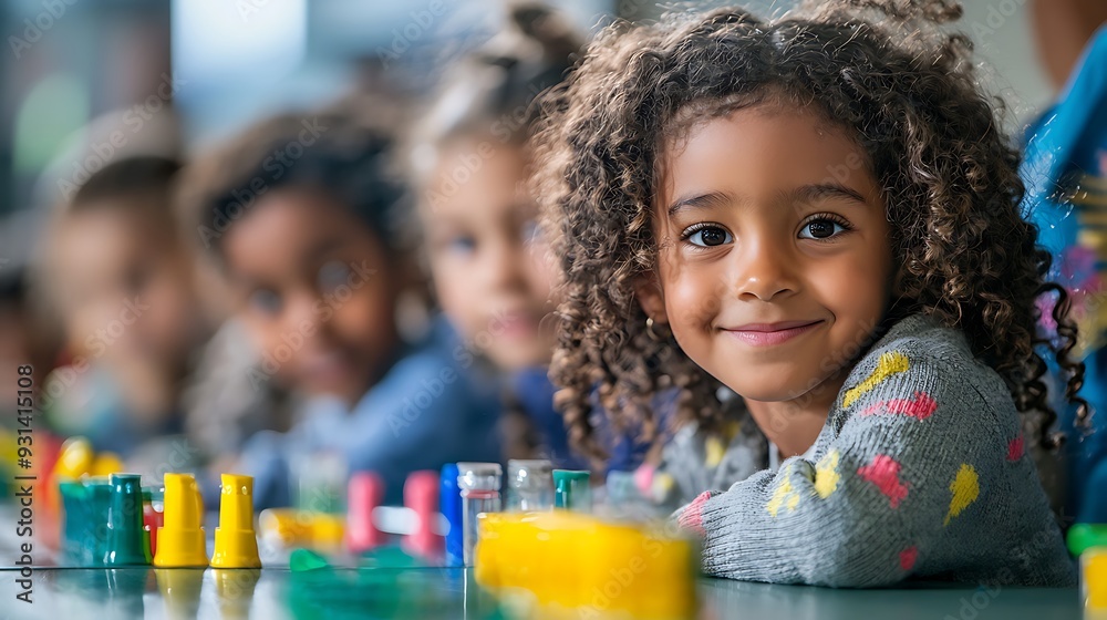 Happy Little Girl Smiling in Classroom with Multi Ethnic Friends Happy Little Girl Smiling in Classroom with Multi Ethnic Friends
