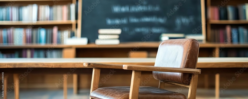 Fototapeta premium Classroom setting with an empty teacher s chair, chalkboard and books in the background, representing dedication, no people, World Teachers Day, education scene