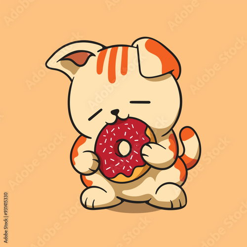 Cute Cat Eating Donut with Melting Face Cartoon Flat Illustration