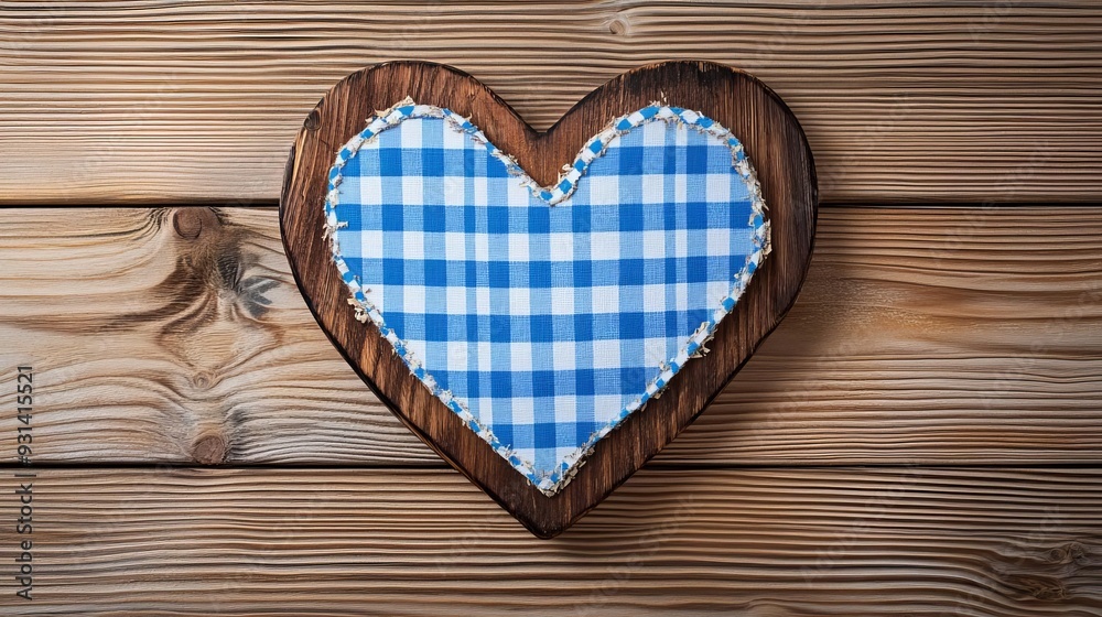 Oktoberfest wooden background with heartshaped cutout featuring blue and white checkered fabric, warm and festive design, no people, Oktoberfest banner, Bavarian heart Oktoberfest wooden background with heartshaped cutout featuring blue and white checkered fabric, warm and festive design, no people, Oktoberfest banner, Bavarian heart