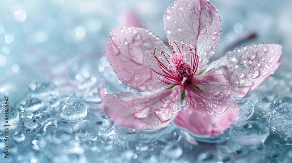 A Single Pink Flower with Water Droplets Resting on Ice A Single Pink Flower with Water Droplets Resting on Ice
