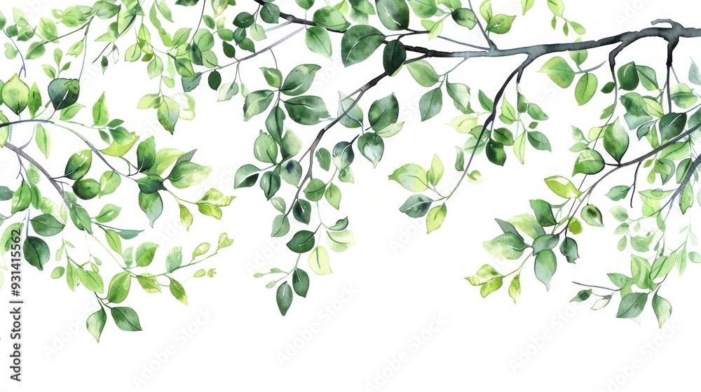 Watercolor leaves branch illustration on a white background, showcasing various shades of green foliage, ideal for nature themed designs Watercolor leaves branch illustration on a white background, showcasing various shades of green foliage, ideal for nature themed designs