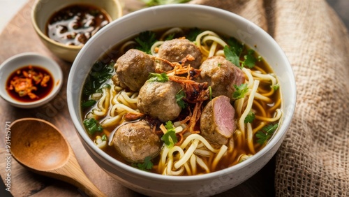 Bakso in an artistic ceramic bowl, featuring large meatballs, thick broth, noodles, and green vegetables, highlighting textures and colors that whet the appetite