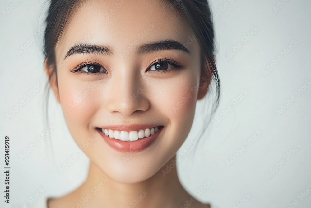 Naklejka premium Asian woman positive smile on white background, beauty positive smile