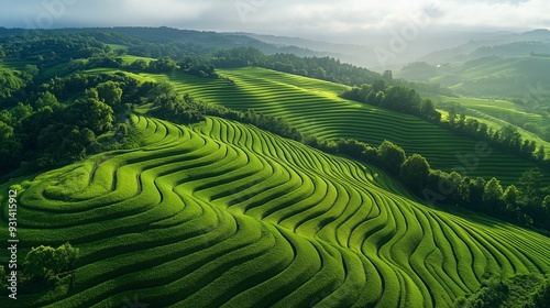 rice fields over mountains durring sun rise