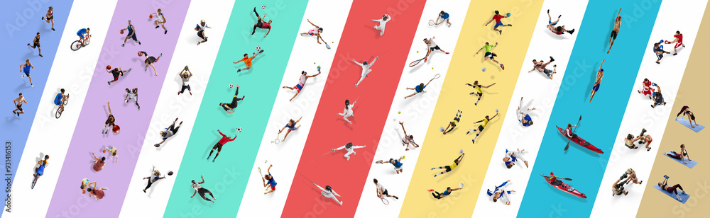 Collage. Top view of multiple athletes, men and women of different sports in motion training, playing isolated on multicolored background. Concept of sport, diversity, competition, games, tournament Collage. Top view of multiple athletes, men and women of different sports in motion training, playing isolated on multicolored background. Concept of sport, diversity, competition, games, tournament