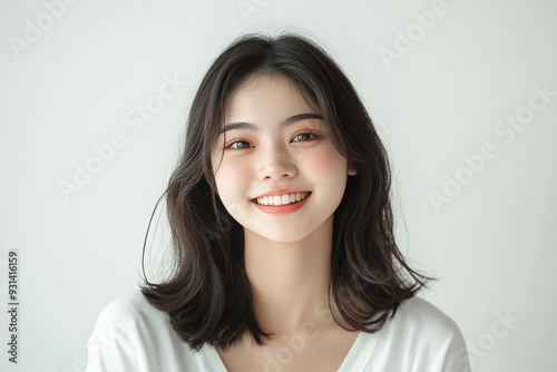 Asian woman positive smile on white background, beauty positive smile