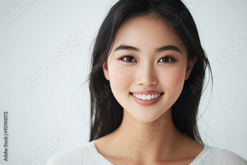 Asian woman positive smile on white background, beauty positive smile