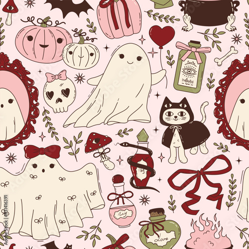 Seamless vector pattern with trendy halloween elements in pink and dark red colors. Coquette style cute ghosts, vintage mirror, pumpkins with bows, poison bottles. Victorian gothic background