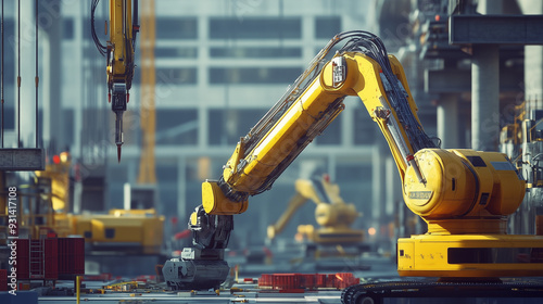 AI-powered autonomous construction site with robots building infrastructure, featuring advanced robotic machinery, intelligent systems, and real-time data processing to efficiently construct buildings