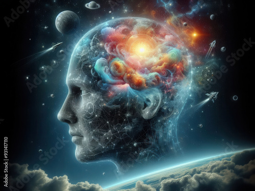 Human mind abstract space science head background. Brain face sky idea universe thought psychology.