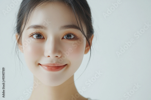 Asian woman positive smile on white background, beauty positive smile