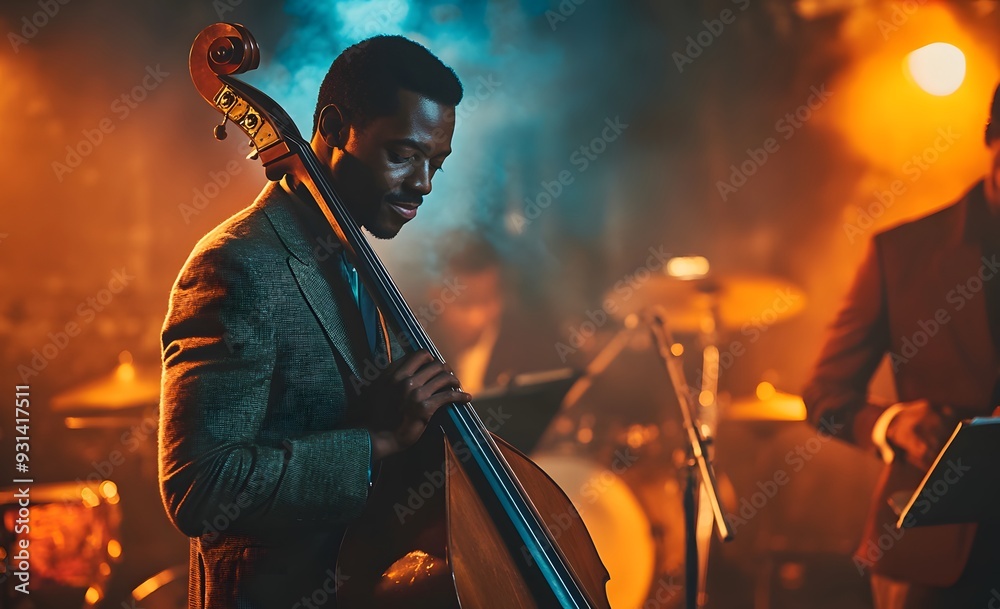 Fototapeta premium photo of a black jazz musician playing double bass in a jazz club background with a jazz band.
