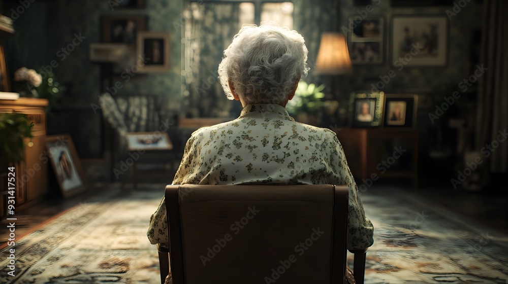 Elderly Person Sitting Alone in Dimly Lit Room with Blurred Family Photos Symbolizing Fading Memories Elderly Person Sitting Alone in Dimly Lit Room with Blurred Family Photos Symbolizing Fading Memories