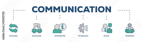 Communication icons process structure web banner illustration of exchange, discussion, information, technology, advice, and teamwork icon png transparent background.