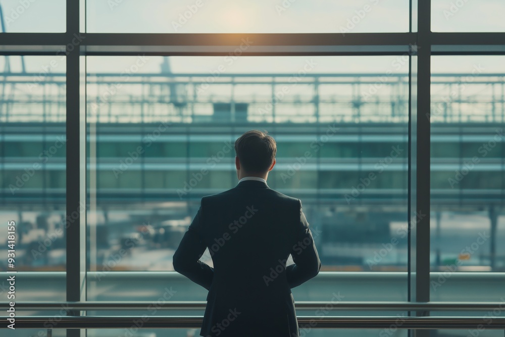 Fototapeta premium A man in a suit is looking out the window of an airplane. He is deep in thought, possibly contemplating his next business move or reflecting on his life. Concept of contemplation and introspection