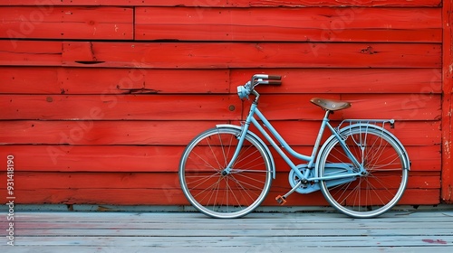 Blue vintage bicycle on red wooden wall background close up of bicycle : Generative AI