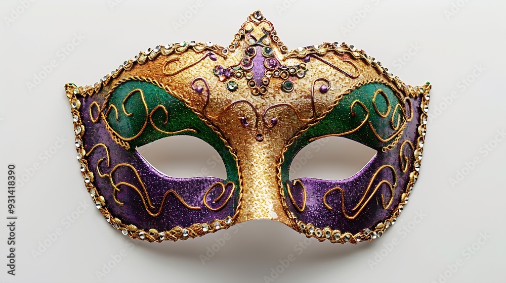 Gold purple and green glittery Mardi gras mask isolated on white background : Generative AI Gold purple and green glittery Mardi gras mask isolated on white background : Generative AI