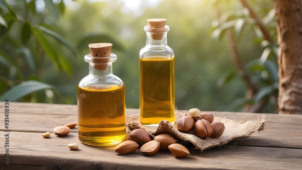 International Day of Argania, a bottle of argan oil and nuts placed on a wooden table in outdoor International Day of Argania, a bottle of argan oil and nuts placed on a wooden table in outdoor