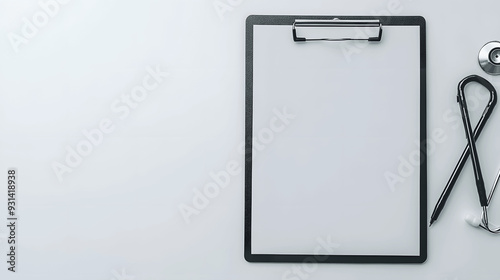 Medical clipboard banner with blank paper and pen, clean white background, copy space for text