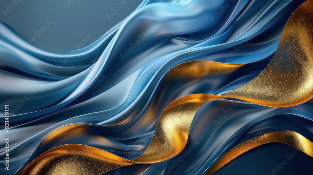 Obraz premium Produce an abstract design with elegant blue and gold ribbons. Focus on creating a luxurious effect with fluid, seamless ribbons and a sophisticated color palette