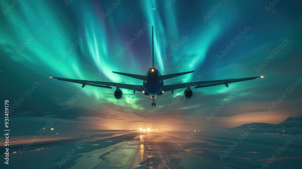 Naklejka premium Airplane Landing Underneath the Northern Lights